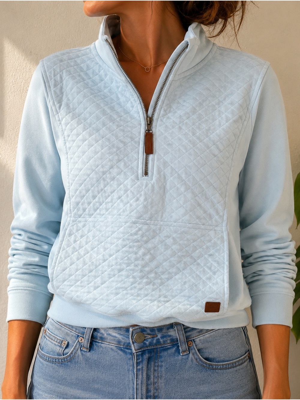 L.L. Bean Light Blue Quilted Half-Zip Pullover Sweatshirt - Women